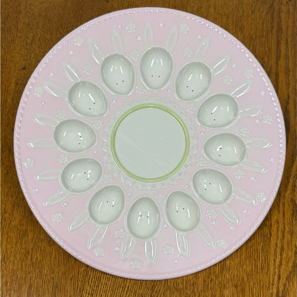 Pink Ceramic Easter Bunny Deviled Egg Platter